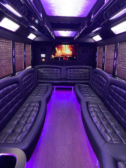 22 passenger party bus interior with purple lighting
